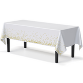 White & Gold Celebrate Printed Plastic Table Covers | 48 Count
